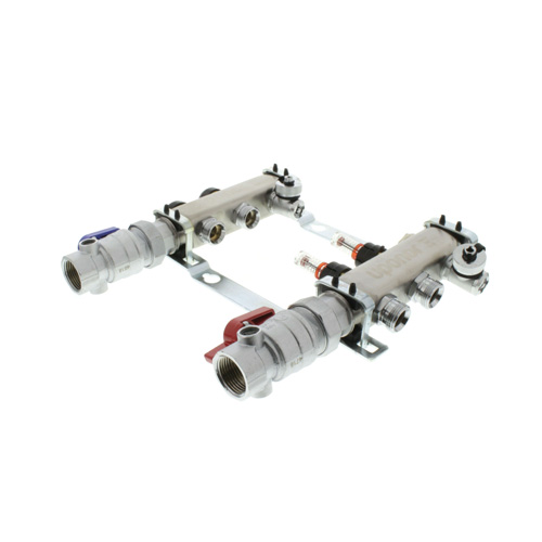 360-degree view of 2-Loop 1" Stainless Steel Radiant Heat Manifold Assembly w/ Flow Meter