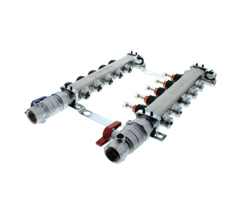 360-degree view of 5-Loop 1" Stainless Steel Radiant Heat Manifold Assembly w/ Flow Meter