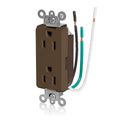 Product Image of Decora Plus Duplex Receptacle Outlet,  Smooth Face, 15A, 125V Pre-Wired Leads, NEMA 5-15R, 2-Pole, 3-Wire, Self-Grounding (Brown)