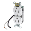 Product Image of Duplex Receptacle Outlet,  Smooth Face, 15A, 125V Pre-Wired Leads (hot and neutral), NEMA 5-15R, 2-Pole, 3-Wire, Self-Grounding (White)