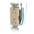 Product Image of Decora Plus Duplex Receptacle Outlet,  Smooth Face, 15A, 125V Pre-Wired Leads, NEMA 5-15R, 2-Pole, 3-Wire, Self-Grounding (Ivory)