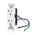 Product Image of Decora Plus Duplex Receptacle Outlet,  Smooth Face, 20A, 125V Pre-Wired Leads (hot and neutral), NEMA 5-20R, 2-Pole, 3-Wire, Self-Grounding (White)