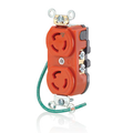 Product Image of 15A, 125V NEMA L5-15R, 2P, 3W, Duplex Locking Receptacle, Isolated Ground, Integral 6" Ground Lead (no ground screw) (Orange)