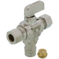 Product Image of 1/2" Expansion PEX x 3/8" OD Comp x 3/8" OD Angle Dual Outlet Stop Valve, Lead Free (Chrome Plated)