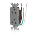 Product Image of Decora Plus Duplex Receptacle Outlet,  Smooth Face, 20A, 125V Pre-Wired Leads, NEMA 5-20R, 2-Pole, 3-Wire, Self-Grounding, Gray