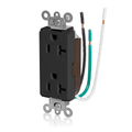 Product Image of Decora Plus Duplex Receptacle Outlet,  Smooth Face, 20A, 125V Pre-Wired Leads, NEMA 5-20R, 2-Pole, 3-Wire, Self-Grounding (Black)