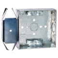 Product Image of 4" Square Welded Box 1-1/2" Deep with Metal Stud Bracket and NM Clamp, 1/2" & 3/4" Eccentric Knockouts