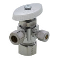 Product Image of 1/2" Nom Compression (5/8" OD) x 3/8" OD Compression x 1/4" OD Compression Dual Angle Supply Stop, Lead Free (Chrome)