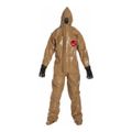 Product Image of Tychem RESPONDER CSM RC128T Coverall w/ Respirator Fit Hood, Attached Gloves, Socks w/ Outer Boot Flaps, Double Storm Flap, Tan, Small (Pack of 1)