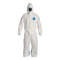 Product Image of Tyvek 400 D TD127S Coverall w/ Respirator Fit Hood, Elastic Wrists and Ankles, Storm Flap (Tyvek 400 Front, ProShield 10 Back), White/Blue, 2X-Large (Pack of 25)