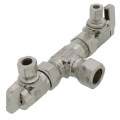 Product Image of 1/2" Nom Comp (5/8" OD) x 3/8" OD Comp x 1/4" OD Comp 2 Angle Dual Outlet Valve, Lead Free (Chrome Plated)
