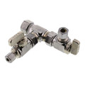 Product Image of 1/2" Nom Comp. (5/8" OD) x 3/8" OD Comp x 1/4" OD Comp 1 Angle 1 Straight Dual Outlet Valve, Lead Free (Chrome Plated)