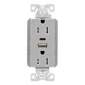 Product Image of Combo Usb Type A & C Charger, 15A 5-15 R Receptacle, Grey, Usb, Flush, 2-Pole, 3-Wire, 125 V, TRUSBAC15GY-BOX