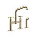 Product Image of Billet Two-Hole Bridge Kitchen Sink Faucet w/ Side Sprayer (Vibrant French Gold), K-28665-9-AF