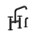 Product Image of Billet Two-Hole Bridge Kitchen Sink Faucet w/ Side Sprayer (Matte Black), K-28665-9-BL