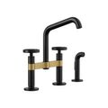Product Image of Billet Two-Hole Bridge Kitchen Sink Faucet w/ Side Sprayer (Matte Black w/ Brushed Moderne Brass), K-28665-9-BMB