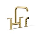 Product Image of Two-Hole Bridge Kitchen Sink Faucet w/ Side Sprayer (Vibrant Brushed Moderne Brass), K-7548-4-2MB