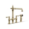 Product Image of Three-Hole Bridge Kitchen Sink Faucet w/ Side Sprayer (Vibrant French Gold), K-76519-4-AF