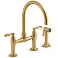 Product Image of Edalyn by Studio McGee Two-hole Bridge Kitchen Faucet w/ Side Sprayer (Vibrant Brushed Moderne Brass), K-28356-2MB