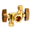 Product Image of 1/2" Nom Comp. (5/8" OD) x 3/8" OD Comp. Dual Outlet Angle Ball Stop Valve, Lead Free (Rough Brass)