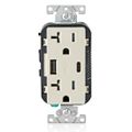 Product Image of Decora Tamper-Resistant Combination Duplex Receptacle w/ 25W+ (5.1A) Dual Type A/C USB Charger, NEMA 5-20R - Light Almond (20A, 125V)