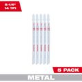 Product Image of 5-1/4" 14TPI T-Shank Metal Cutting Bi-Metal Jig Saw Blades (Pack of 5), 48-42-5192