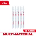 Product Image of 4" 6TPI T-Shank Multi Material Bi-Metal Jig Saw Blade (Pack of 5), 48-42-5300