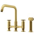 Product Image of Cass Two-Handle Widespread Bridge Kitchen Faucet w/ Side Sprayer (Matte Brushed Gold)