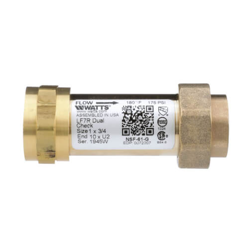 1" x 3/4" LF7R10-U2L Dual Check Valve, 4-1/2" Length, Lead Free (Female Meter x FNPT)