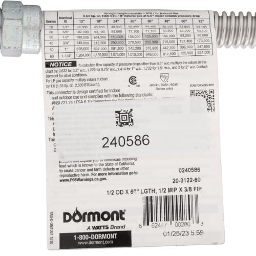 Main product image of Model 20-3122-60 3/8" ID (1/2" OD) Stainless Steel Gas Connector 1/2" MIP x 3/8" FIP (60" Length)