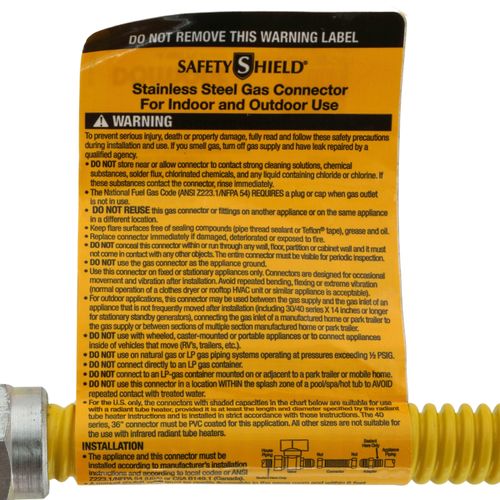 Main product image of Model 30C-4141-60 1/2" ID (5/8" OD) SafetyShield Stainless Steel Gas Connector, 3/4" MIP x 3/4" MIP (60" Length)