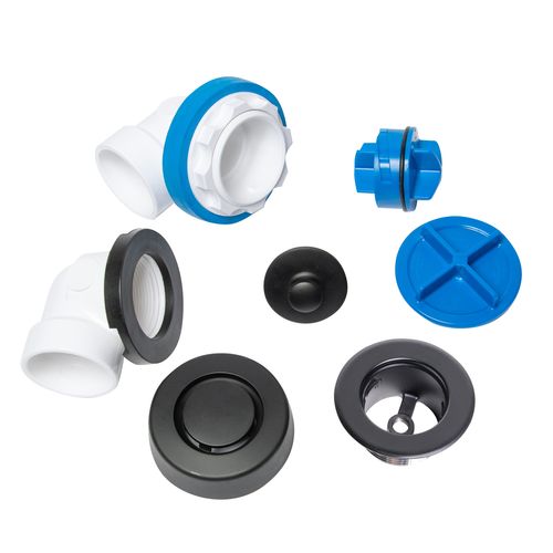 Main product image of True Blue PVC Bath Waste Half Kit w/ Push n' Pull Stopper & Test Kit, Finished Drain Spud (Matte Black)