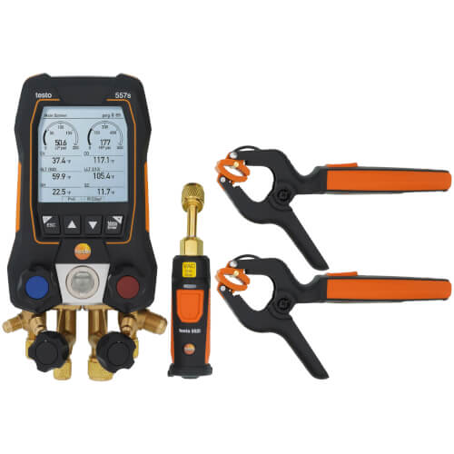 Main product image of 557S Kit, 4-Valve Smart Digital Manifold w/ 2 Wireless Pipe Clamp Temp. Probes & Wireless Vacuum Probe