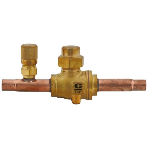 Main product image of 1/4" ODF BVSS-014T Refrigeration Ball Valve w/ Access Valve, Brass Locking Seal Cap, Thread Holes