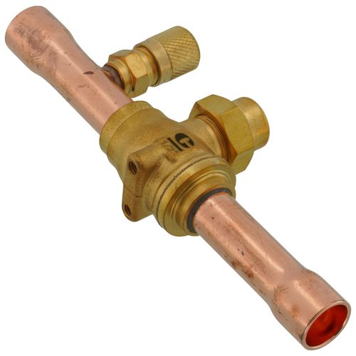 Main product image of 1/2" ODF BVSS-012T Refrigeration Ball Valve w/ Access Valve, Brass Locking Seal Cap, Thread Holes