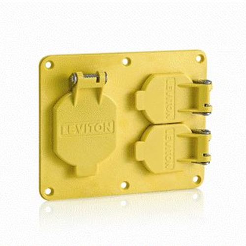 Main product image of Two-Gang Coverplate, 1- 1.56" Diameter w/ Weather-resistant Flip-lid, 1- Duplex w/ Weather-resistant Flid-lid (Yellow)