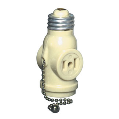 Main product image of Indoor 660W, 125V 2-pole, 2-wire Pull Chain Lampholder w/ 2 Outlets Pull Chain Controls Lamp Socket Only, While Outlet Is Continuously Live (Ivory)