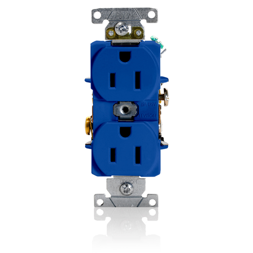 Main product image of Duplex Receptacle Outlet,  Smooth Face, 15A, 125V Back or Side Wire, NEMA 5-15R, 2-Pole, 3-Wire, Self-Grounding (Blue)