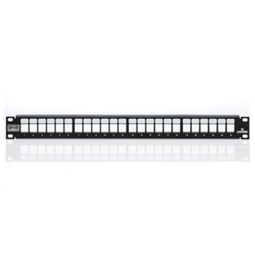 Main product image of Shielded Flat Quickport, Patch Panel, 24-port, 1RU (Black) Cable Management Bar Included.