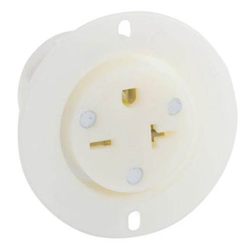 Main product image of 20A, 250V NEMA 6-20r, 2p, 3w, Flanged Outlet Receptacle, Straight Blade, Grounding, Back Wired, Thermoplastic Nylon Strap (White)