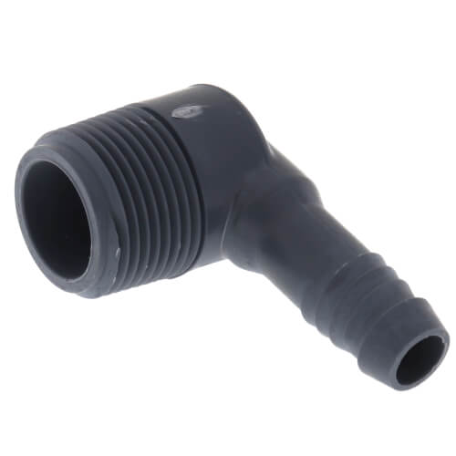 Main product image of 3/4" x 3/8" Polypropylene Spiral Barb 90° Elbow (MIPT x Spiral Barb)