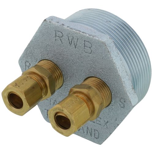 Main product image of 2" NPT x 3/8" x 3/8" 3-Way Tap Duplex Tank Bushing w/ Male Compression Fitting