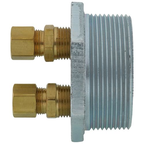 Main product image of 2" NPT x 3/8" x 3/8" 3-Way Tap Duplex Tank Bushing w/ Male Compression Fitting