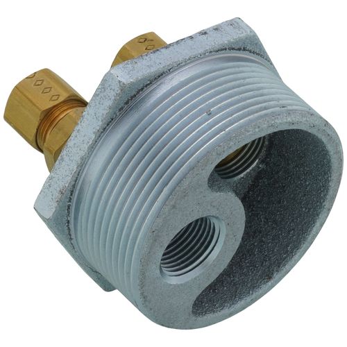 Main product image of 2" NPT x 3/8" x 3/8" 3-Way Tap Duplex Tank Bushing w/ Male Compression Fitting
