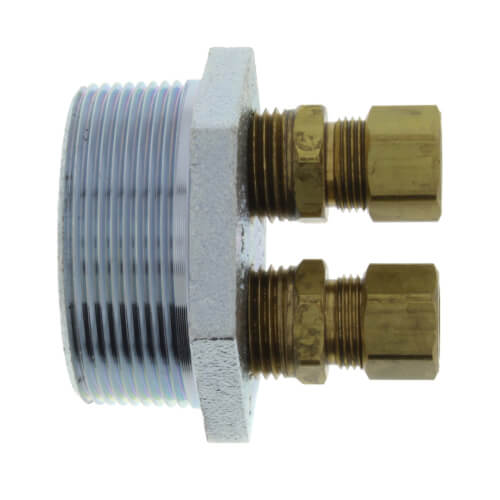 Main product image of 2" NPT x 1/2" x 1/2" 3-Way Tap Duplex Tank Bushing w/ Male Compression Fitting
