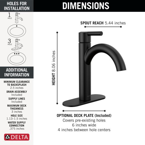 Main product image of Nicoli 1 Handle Bathroom Faucet, 1 or 3-hole 4" Installation, 15749LF-BL (Matte Black)