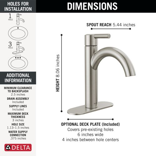 Main product image of Nicoli 1 Handle Bathroom Faucet, 1 or 3-hole 4" Installation, 15749LF-SS (Stainless)