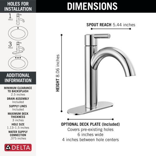 Main product image of Nicoli 1 Handle Bathroom Faucet, 1 or 3-hole 4" Installation, 15749LF (Chrome)
