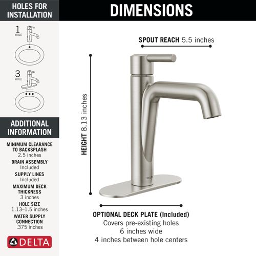 Main product image of Nicoli 1 Handle Bathroom Faucet, 1 or 3-hole 4" Installation, 15849LF-SS (Stainless)