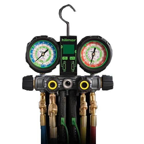 Main product image of 4 Valve Aluminum Manifold w/ 60" Hoses, Ball Valve Adapters & Dual Readout Thermometer, R410A (0-800 psi)